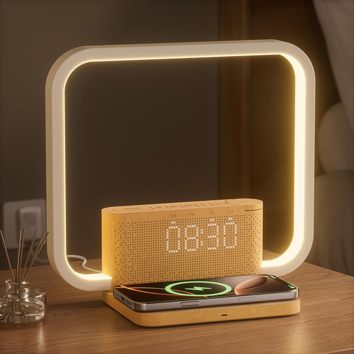 Bedside Lamp, Wake-Up Light, 10 Watt Wireless Charger, Touch Dimmable Table Lamp, Sunrise Alarm Clock, 3 Levels of Brightness, Soothing Sound, Bedroom Sleep Aid for Babies & Adults