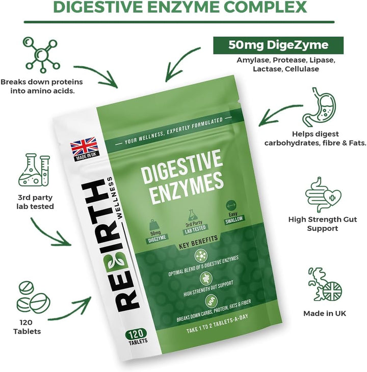 Digestive Enzyme Supplements - 120 Tablets for Optimal Gut Health - Contains Digezyme, Lactase, Protease - Promotes Healthy Digestion, Essential Digestive Enzymes - UK Made, Vegan