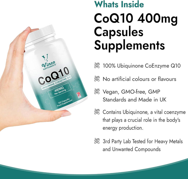 Vinco Coq10 400Mg - 120 High Strength Ubiquinone Coenzyme Q10 Capsules - Antioxidant for Heart & Cardio, Increased Energy & Focus - Naturally Fermented - Non-Gmo & Gluten Free - UK Made
