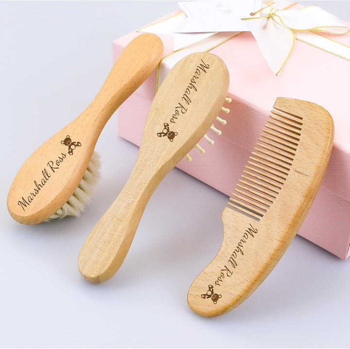 Personalized Baby Hair Brush and Comb Set for Newborn -  Wooden Toddler Hair Brush Set with Soft Goat Bristle, Baby Brush Set for Newborn, Toddler Cradle Cap Brush Perfect Baby Registry (A)