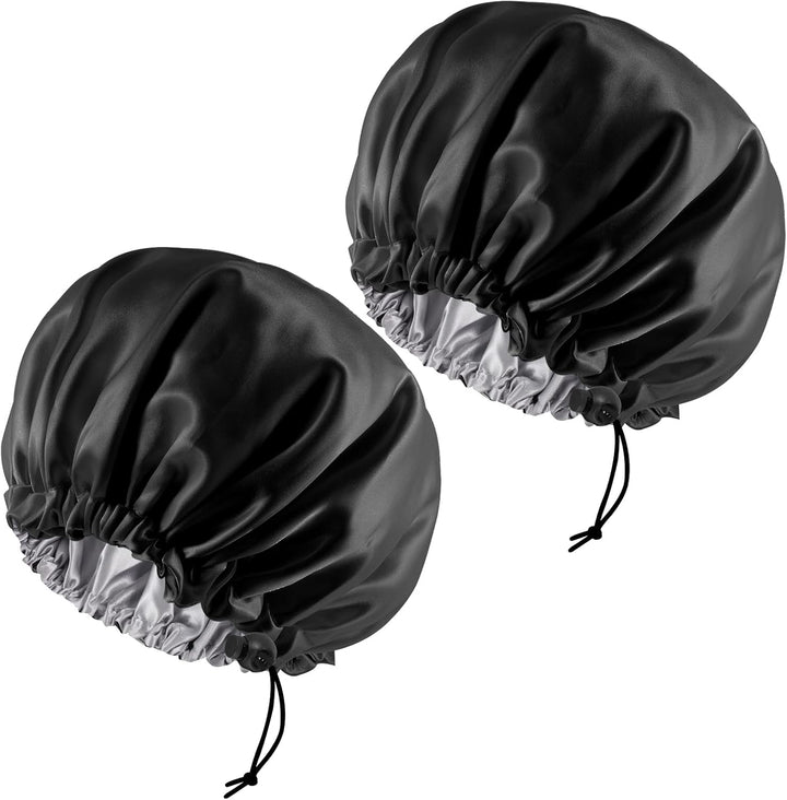 2 Pieces Adjustabl Bonnet, 36Cm Double Sided Satin Sleep Caps Night Sleep Hat for All Hair Lengths Women Curly Natural Hair Head Cover(Black+Pink)