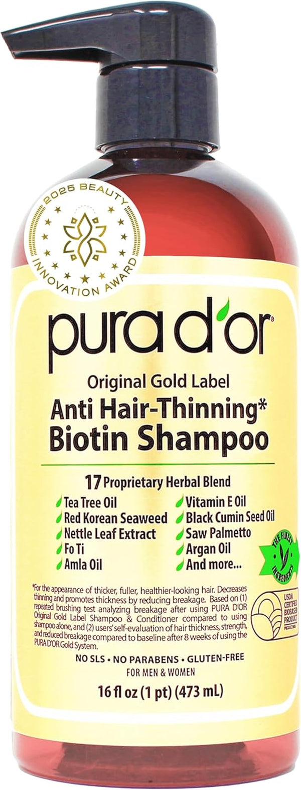 Pura D’Or Premium Organic Argan Oil Shampoo for Hair Loss Prevention (Gold Label), 16 Liquid Ounces Single
