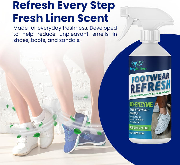 Shoe Refresh & Deodriser Spray Odour Neutraliser Linen Fresh Kick with Enzymes Sweat Eliminator for Trainers, Shoes, Sandals, Hiking Boots, Slippers for Bad Odours from Smelly Feet 500ML