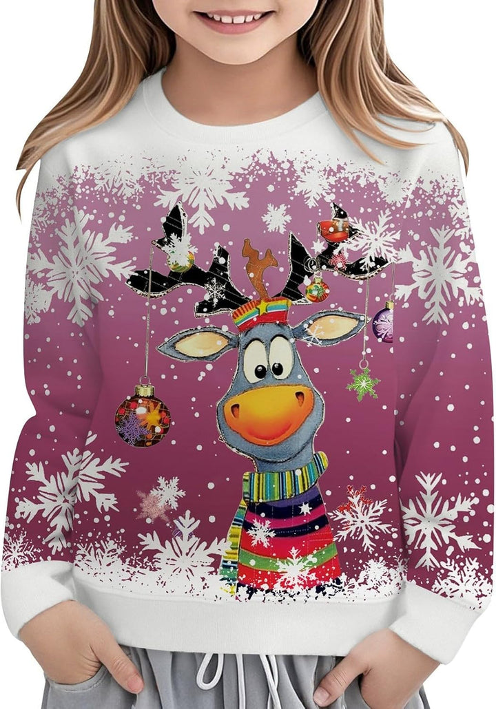 Festive Reindeer Print Girls Long Sleeve Crewneck Sweatshirt for Holiday Cozy Casual Pullover Top Kids