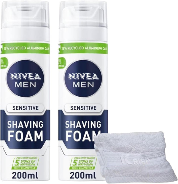 2 X 200Ml Shaving Foam Mousse for Men Sensitive Skin Face Body Soft Clean with Soft Aftershave  Towel