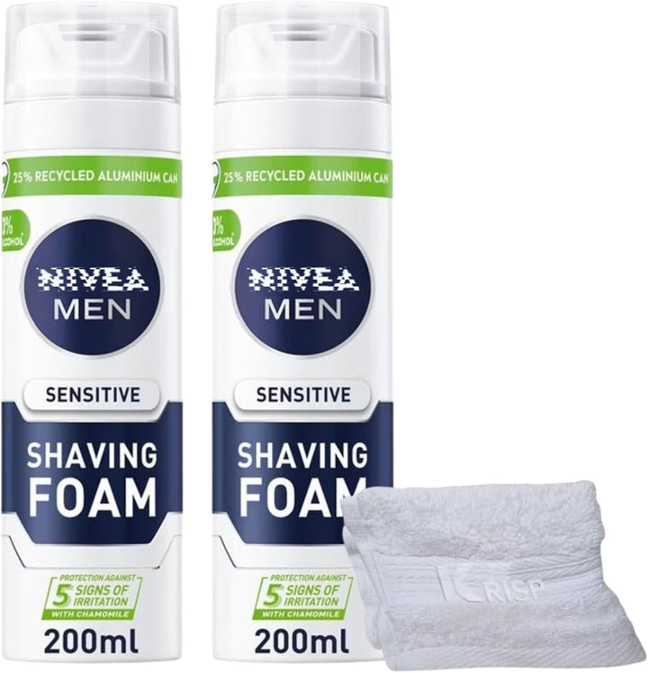 2 X 200Ml Shaving Foam Mousse for Men Sensitive Skin Face Body Soft Clean with Soft Aftershave  Towel
