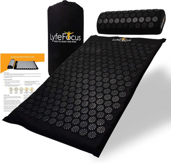 Acupressure Mat & Pillow Set with Travel Bag - Cushioned Spike Acupuncture Massage Mat for Back, Neck & Shoulder Pain Relief - Easing Muscle Tension & Stress (Black & Black)