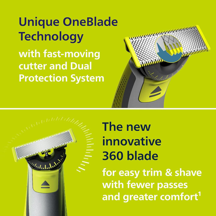Oneblade 360 Face, Authentic Hybrid Electric Beard Trimmer & Shaver with 360 Blade Innovation. Incl. 1X 360 Blade, 1 X Extra 360 Blade (8 Month Supply), 5-In-1 Adjustable Comb, Model QP2734/30