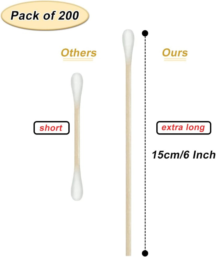 6 Inch Long Cotton Buds, 200Pcs Extra Long Handle Ear Buds Cotton Swabs Earbuds for Cleaning, Makeup, Polishing Jewelry, Arts and Crafts