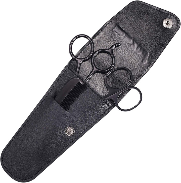 Beard Scissors/Nose Scissors/Mustache Comb Multi Functions Grooming Kit Gift Set Beard Trim Scissor Kit Trimming Nasal Hair for Men with Storage Bag (Black)