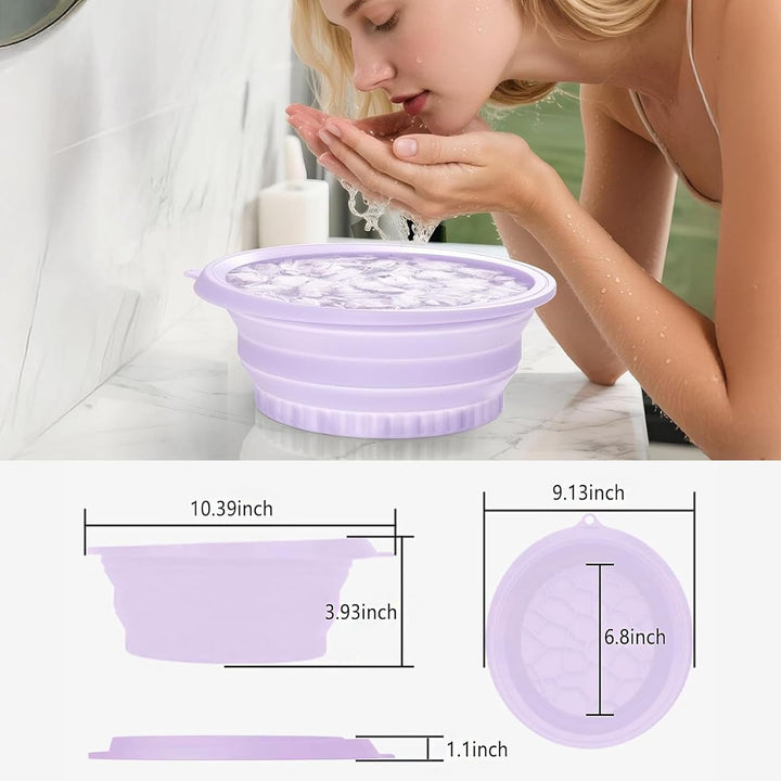 Silicone Ice Bowl for Face, Foldable Face Bowl with Built-In Icetray, Portable Quick Cooling Facial Washing Basin for Soothe Skin, Wash Basin for Home Use or Travel (Purple)