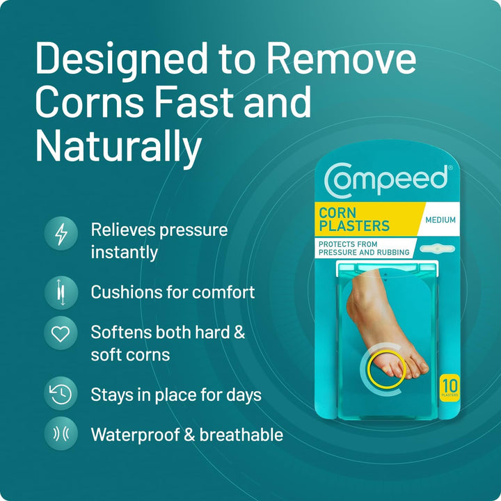 Corn Medium Size Plasters, 10 Hydrocolloid Plasters, Foot Care, Fast Natural Corn Removal, Pain and Pressure Relief