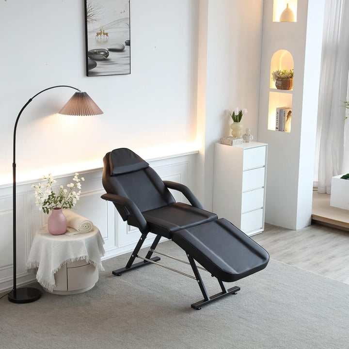 Beauty Bed with Stool Massage Table with Head Cushion 3 Section Adjustable Beauty Bed Professional Tattoo SPA Salon Chair (Black)