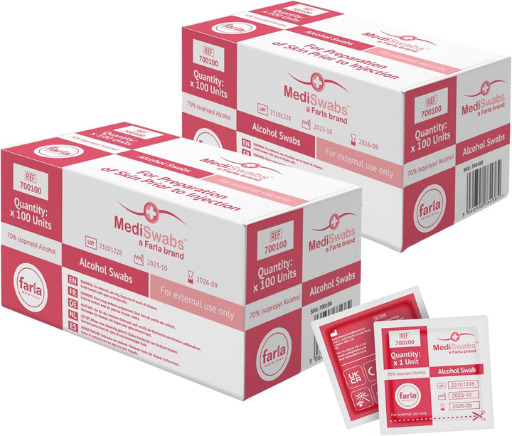 Mediswabs Pre Injection Alcohol Wipes (X100), Antiseptic Wipes with 70% Isopropyl Alcohol Sachets, Individually Wrapped Disposable Wound Cleaning Wipes, First Aid/Medical Use