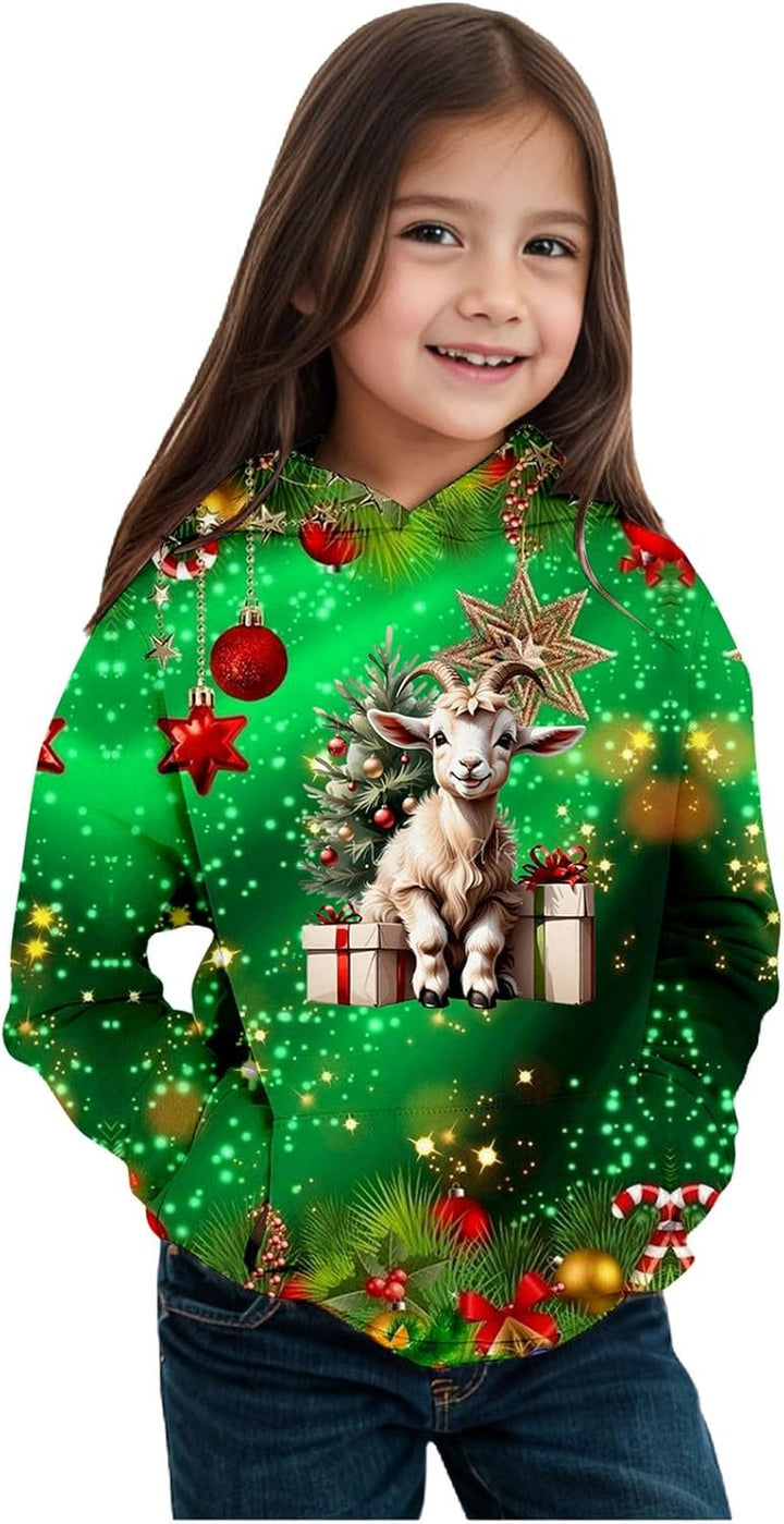 2025 Christmas Print Girls Hooded Sweatshirt Long Sleeve Pullover Top for Winter Holiday Festive Outfit Cozy Fleece Lined Soft Casual Wear