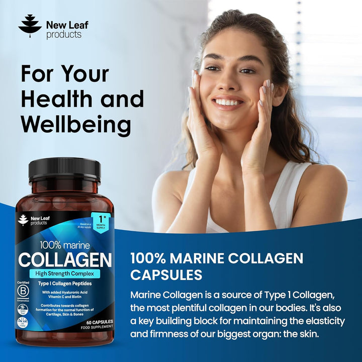 Pure Marine Collagen 100% Marine Collagen Type 1 Hydrolysed Collagen Peptides Enhanced with Hyaluronic Acid & Vitamin C -Essential Amino Acids - Collagen Supplements for Women and Men, 60 Capsules