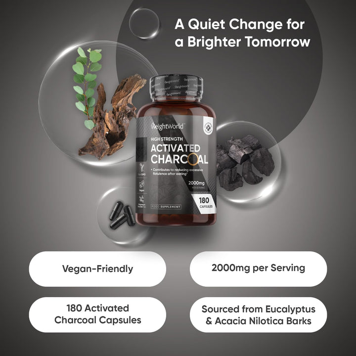 Activated Charcoal Capsules 2000Mg - 180 Vegan Capsules - Activated Charcoal Supplement - Sourced from Eucalyptus and Acacia Barks - Non-Gmo & Magnesium Stearate-Free