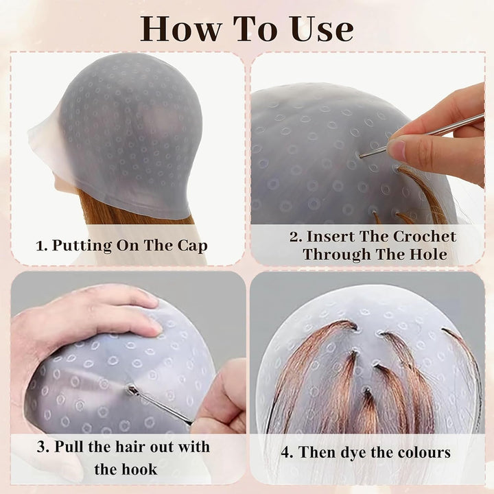 5PCS Highlight Cap Kit Highlighting Cap with Needle and Hair Coloring Brushes Silicone Highlight Cap Hair Dye Kit for Color Hair Salon Hairdressing Dyeing Staining Tools for Women Men