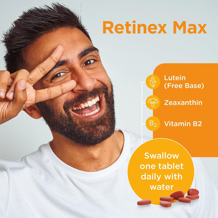 Retinex Max Eye Support (60 Tablets) | Long Term Vision & Eye Health | 20Mg Lutein & 2,000Ug Zeaxanthin | Vitamin B2 Contributes to Normal Vision | Natural Source Carotenoids | Vegan