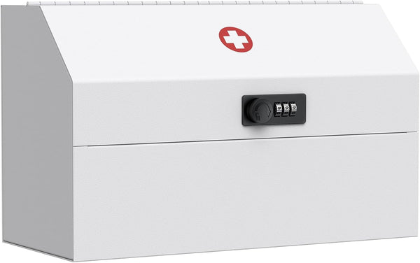 Wall Mount Medicine Cabinet with Combination Lock Locking First Aid Cabinet Lockable Medical Cabinet Small Medicine Organizer Metal Storage Box, White