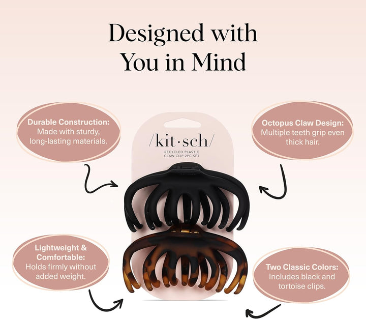 Hair Clip Octopus Style - Secure Hold Large Claw Clip, Hair Claw Clips for Thick Hair, Hair Accessories for Women, Hair Accessories for Girls, Hair Clips for Women, Black & Tortoise, 2Pcs