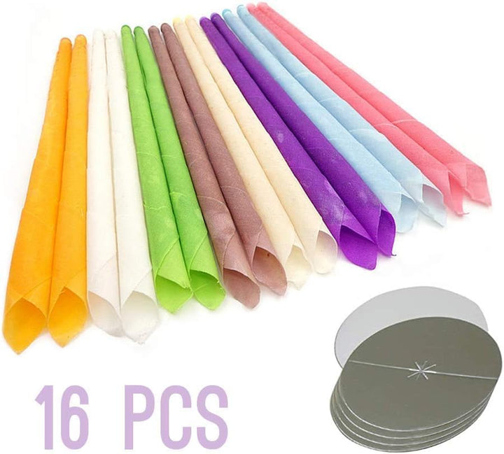 Organic Hopi Ear Candles for Blocked Ears - All Natural Ear Wax Remover  100% Natural Beeswax Candle - 16Pcs (8 Pairs) with 8 Protective Disc Cones for Safe & Effective Ear Candling