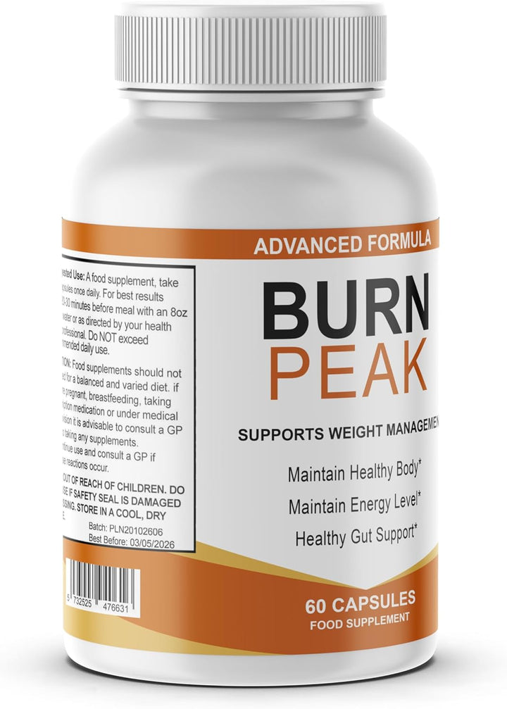 Burn Peak Advanced Formula – Weight Management & Metabolism Support Supplement – Apple Cider Vinegar, Guarana & Vitamins B2, B12 – Energy & Gut Health Support – 60 Capsules – Made in UK