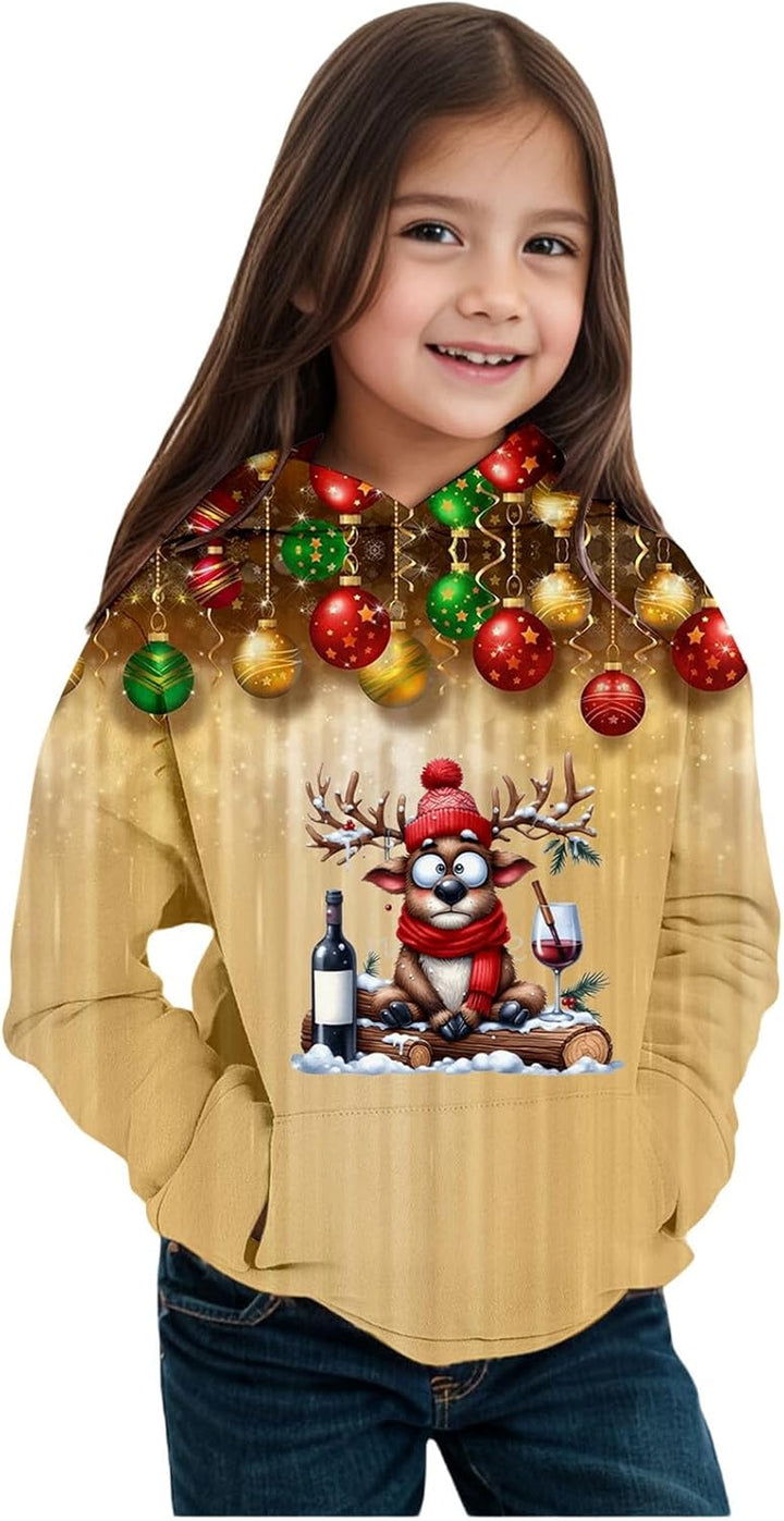 2025 Christmas Print Girls Hooded Sweatshirt Long Sleeve Pullover Top for Winter Holiday Festive Outfit Cozy Fleece Lined Soft Casual Wear