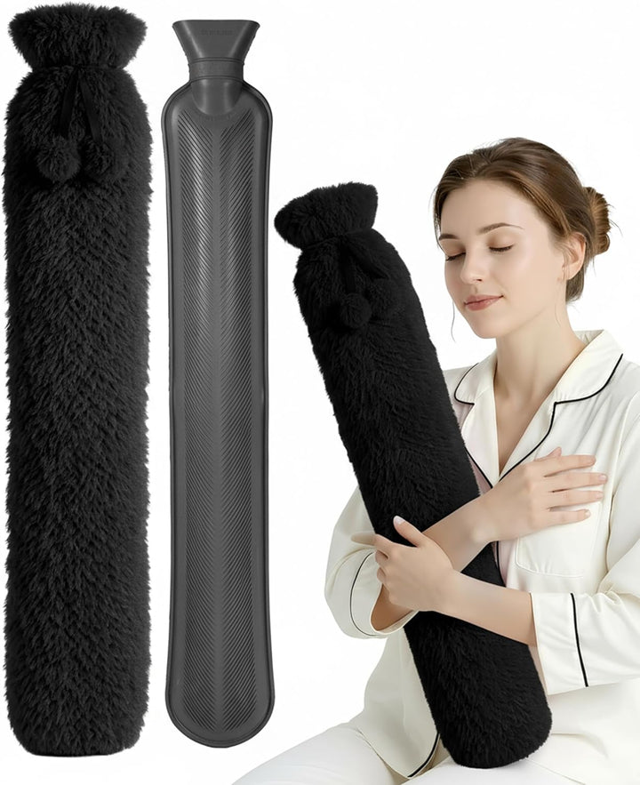 Hot Water Bottle 2L with Soft Faux Fur Cover, Leakproof Natural Rubber, Long Lasting Warmth for Neck, Back & Hands, Fluffy Cosy Design for Men & Women, Winter Comfort - Grey