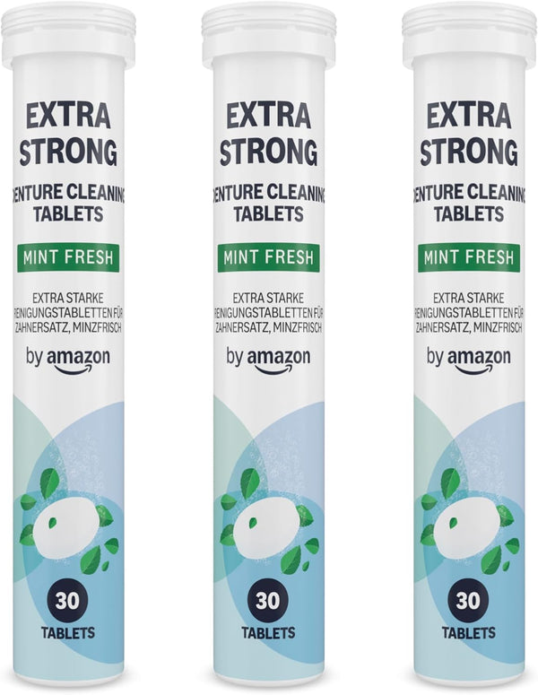 Extra Strong Denture Cleaning Tablets - 3 Packs of 30 Tablets, Mint Fresh