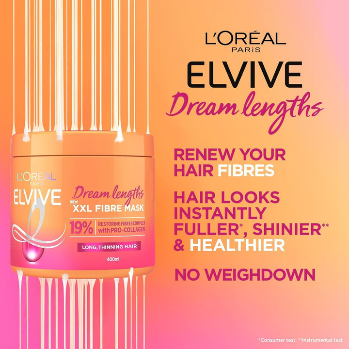 Paris Elvive XXL Fibre Mask for Long, Damaged, Thinning Hair, Restorative Treatment with Pro-Collagen, Dream Lengths, 400 Ml
