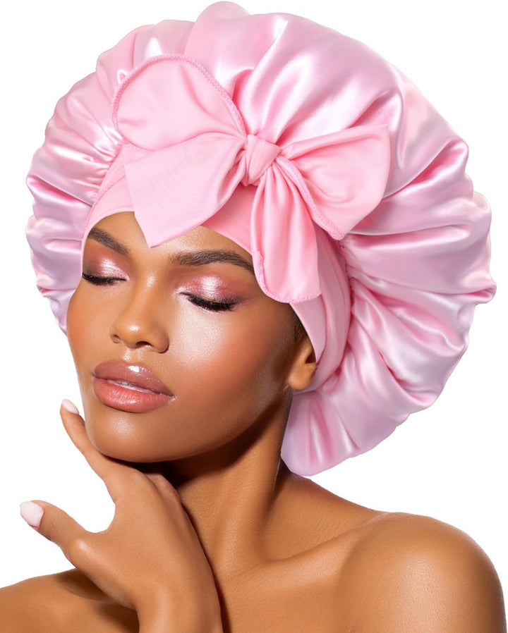 Silk Bonnet for Sleeping for Curly Hair, Satin Bonnet Hair Wrap for Women & Men, Adjustable Silk Scarf Night Cap with Tie Band, Champagne