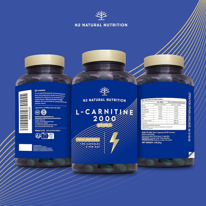 Natural L CARNITINE 2000Mg 150 Capsules 75 Days (Only 2 Capsules per Day) High Concentration Improves Sports Performance. Weight Loss, Energy Resistance. CE Manufactured.
