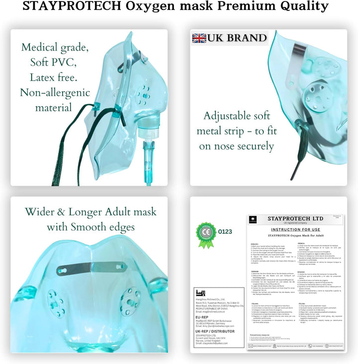 Oxygen Mask with 2.1M Long Tubing, Boosts Oxygen & Enhances Oxygen Therapy, Comfortable Fit, Adjustable Strap & Soft PVC Material. Oxygen Mask for Home Use, (Adult Size)