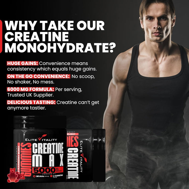 Creatine Monohydrate Gummies 5000Mg + Bcaas & L-Carnitine – Vegan, Sugar-Free, Pre Workout Muscle Recovery Supplement for Men & Women – 90 Gummies – Strawberry Burst – Gym & Fitness Support