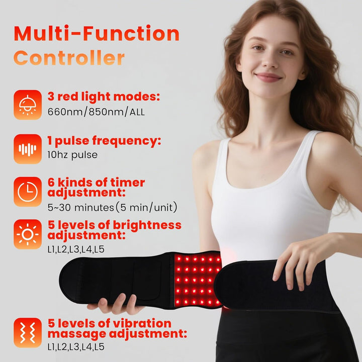 Red Light Massaging Belt for Body, 660Nm Red Light & 850Nm Near-Infrared Light Wrap Belt with 6 Time Settings, 5 Lighting Modes, 5 Massaging Levels, Back Support Massager Belt for Legs, Back, Waist
