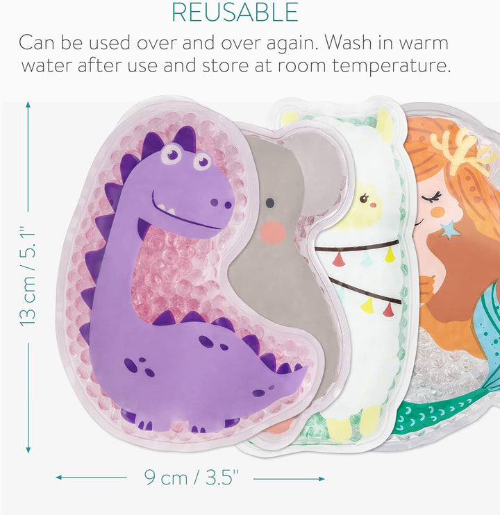 Girls Hot and Cold Packs (Set of 4) - Kids Reusable Heat and Ice Gel Pack Set - Koala/Alpaca/Mermaid/Dinosaur