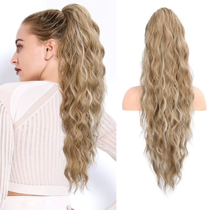 Long Wavy Ponytail Hair Extension for Black Women Drawstring Ponytail Hair Extensions Clip in Black Curly Synthetic Hairpiece