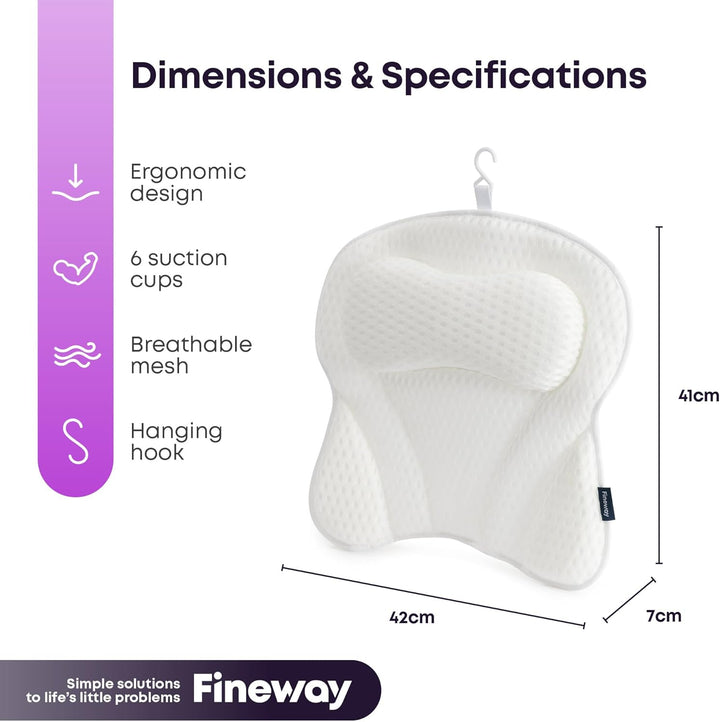 Bath Pillow with 6 Suction Cup and Air Mesh Technology, Ergonomic Design Helps Support Head and Neck, Non-Slip (White)