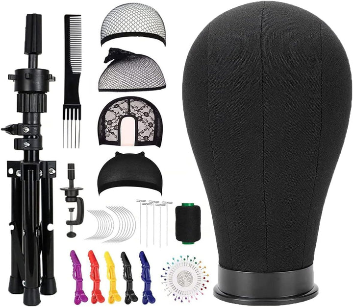 23 Inch Canvas Mannequin Head Block for Wig Making & Display, Tripod Stand with Wig Caps, T & C Pins Set, Bristle Brush