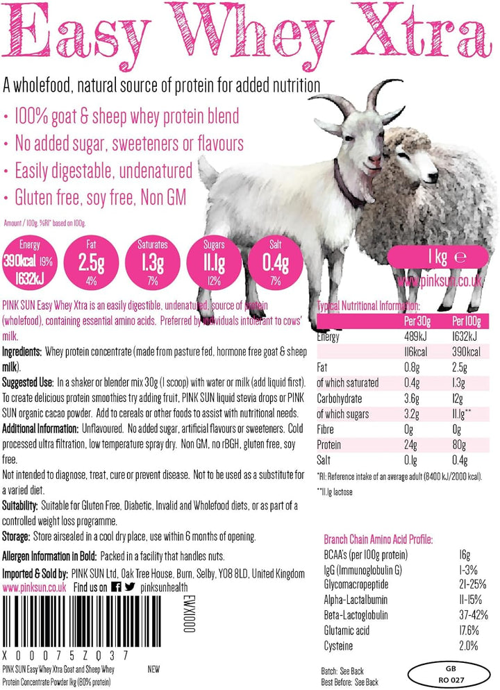 Goat Sheep Whey Protein Powder 1Kg (80% Protein) Pure Unflavoured Concentrate Soy Free Gluten Free Undenatured Non GM Easy Whey Xtra 1000G
