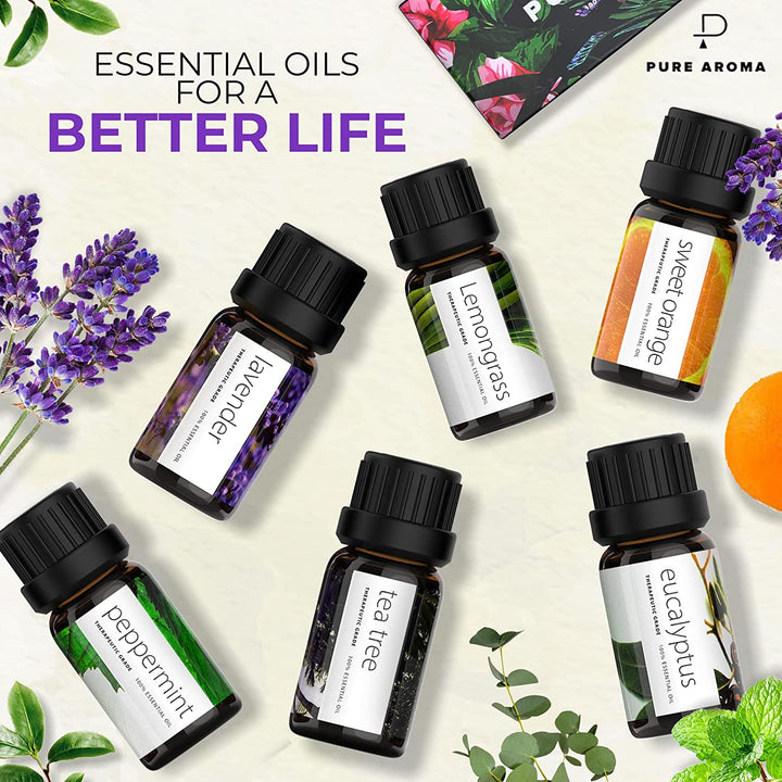 Essential Oils by  100% Pure Therapeutic Grade Oils Kit- Top 6 Aromatherapy Oils Gift Set-6 Pack, 10Ml(Eucalyptus, Lavender, Lemon Grass, Orange, Peppermint, Tea Tree)
