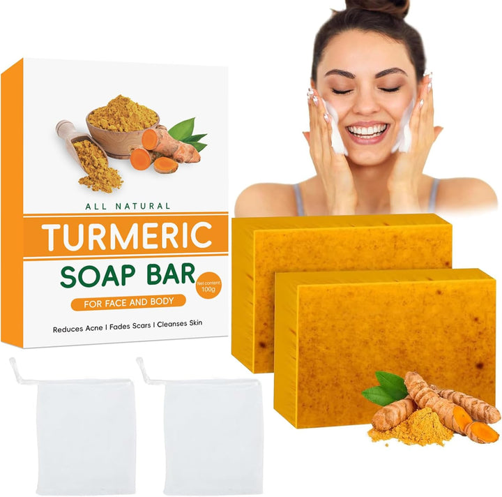 2PCS Turmeric Soap Bar, Natural Handmade Kojic Acid Soap for Face & Body, Dark Spot Acne Blackheads Remover for Even Skin Tone, Moisturizing Erase Fine Lines, Gentle Vitamins C Soaps with Foaming Nets