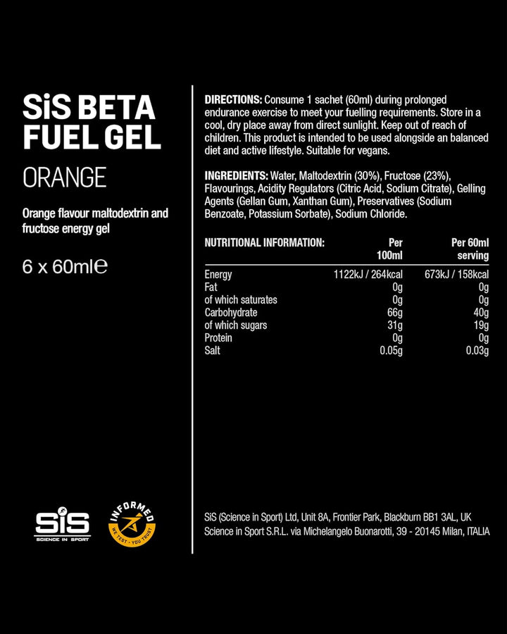 Beta Fuel Gels Dual Source Energy Gel, Orange Flavour, 40G of Carbs per Pack, 60 Ml Pack (6 Pack)