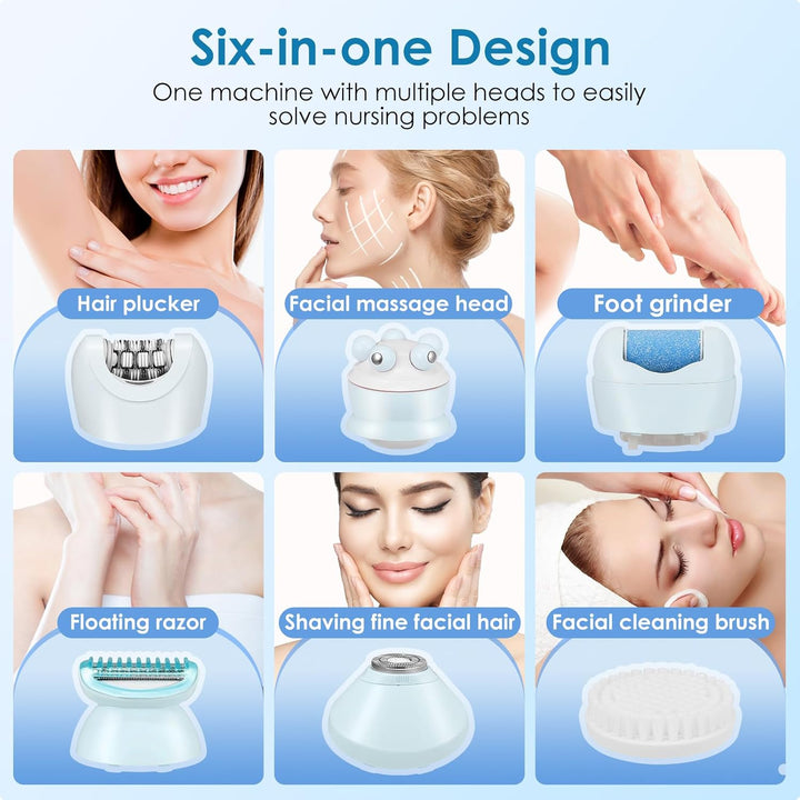 Epilator for Women, 6 in 1 Hair Removal with LED Light, 2 Speeds, Rechargeable & Cordless Razor, Wet and Dry Shaver, Exfoliator, IPX7 Waterproof Electric Hair Remover for Face Legs Arms Armpit Bikini