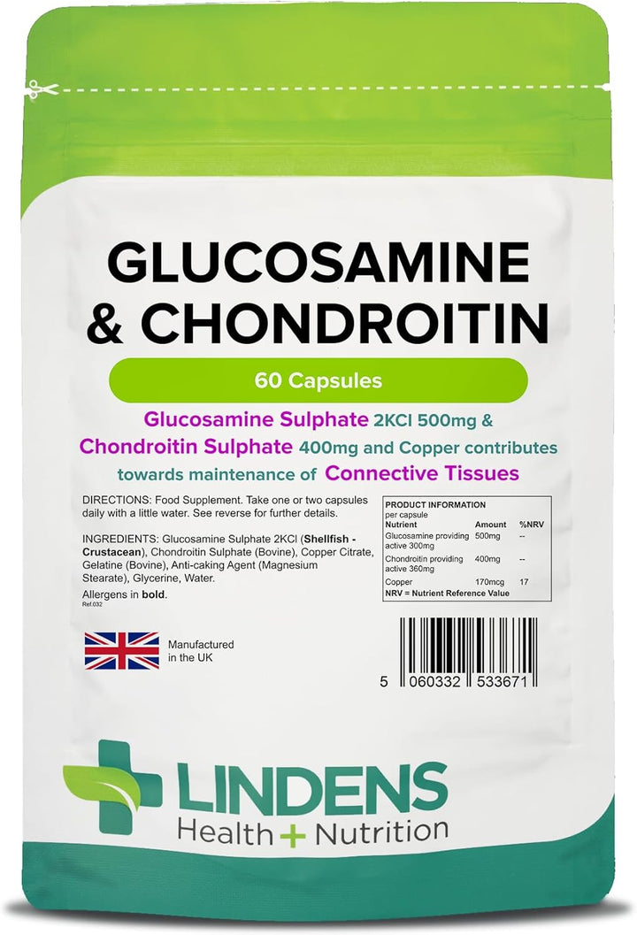 - Glucosamine & Chondroitin, 60 Capsules - UK Made - Glucosamine Sulphate 2Kcl 500Mg, Chondroitin 400Mg with Copper - Connective Tissue & Joint Support, Letterbox Friendly