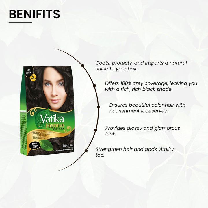 Henna Rich Black Hair Colour - 60G (6 X 10G Sachets), 100% Ammonia Free, for Vibrant Color, Shine, & Coverage (Packaging May Vary)