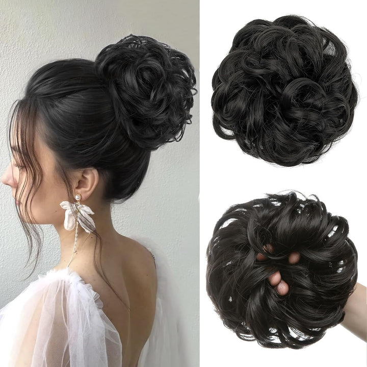 Messy Bun Hair Piece, Wavy Curly Messy Bun Scrunchie, Thick Tousled Hair Pieces for Women Girl(Black）