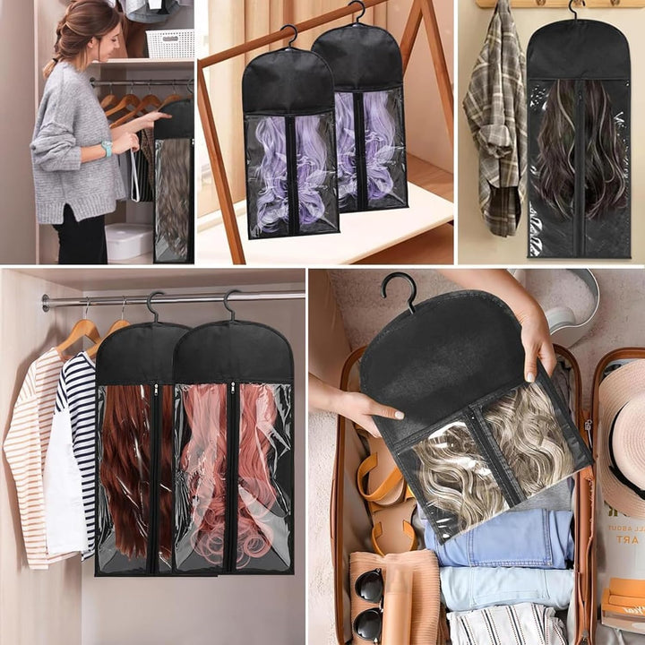 4-Pack Wig Storage Bags with Hanger (2 Large 31.5In +2 Medium 23.6In) Dual Size Transparent Window Organizer, Dustproof for Multiple Wigs & Extensions