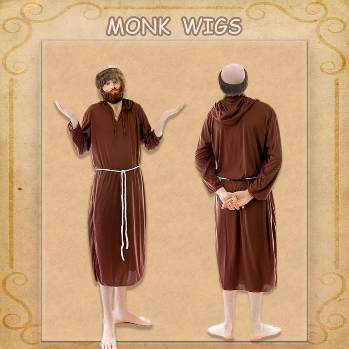 Brown Monk Wig Short Straight Hair, Monk Fancy Dress Bowl Cut Funny Costume Wig Bald Head Cap with Brown Friar Hair Cut, Men'S Party Halloween Old Man Cosplay